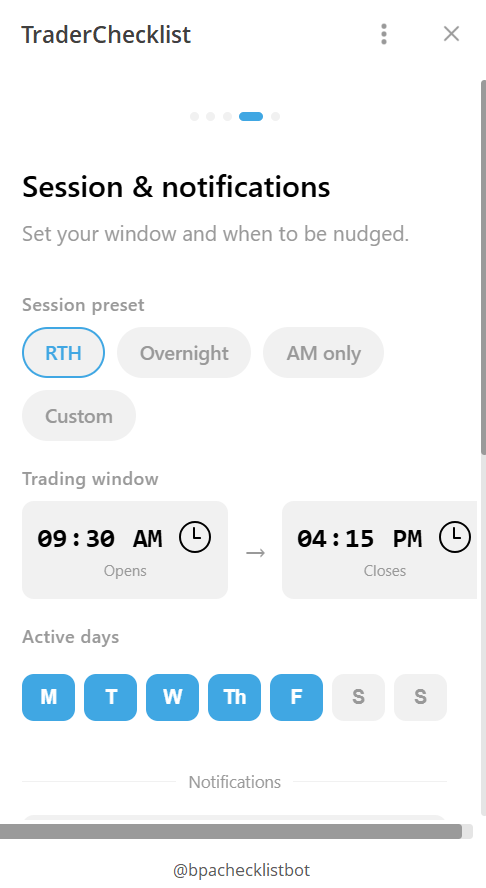 Onboarding step 3 — session & notifications.