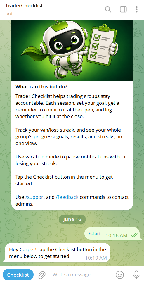Sending /start and the bot's welcome reply.