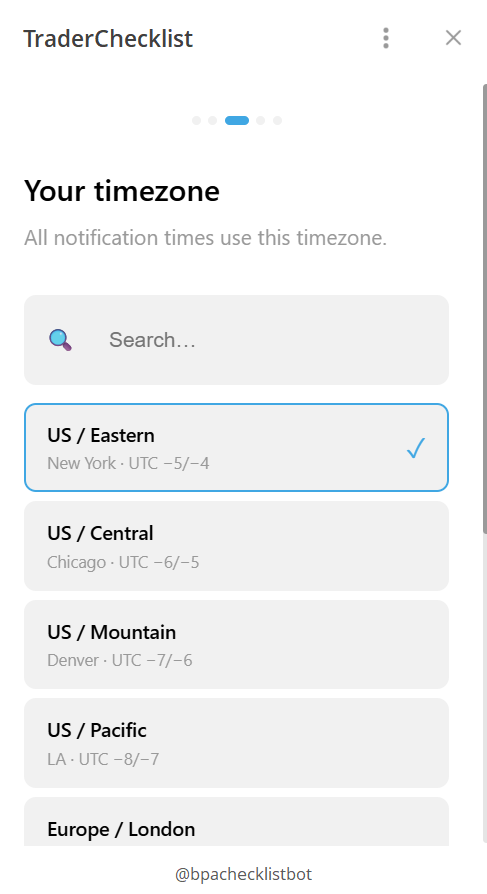 Onboarding step 2 — your timezone.