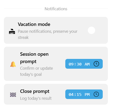 Vacation mode and notification settings.